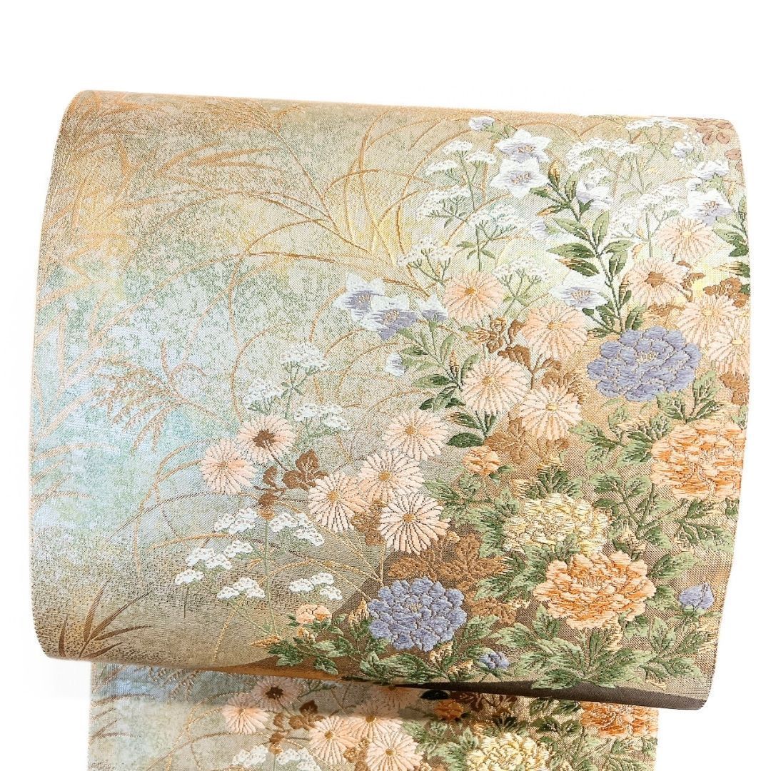 未着用 袋帯 菊花 牡丹 桔梗 ススキ 金糸 着物 123 b p ms