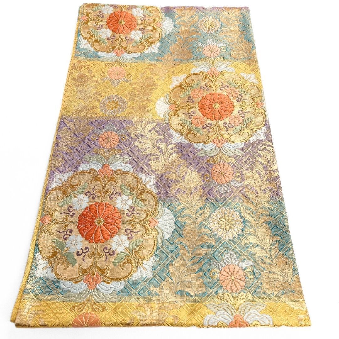 袋帯 振袖帯 唐織 花紋 菊花紋 横縞 金糸 着物 123 b p ms