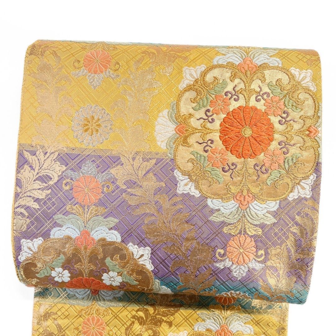 袋帯 振袖帯 唐織 花紋 菊花紋 横縞 金糸 着物 123 b p ms