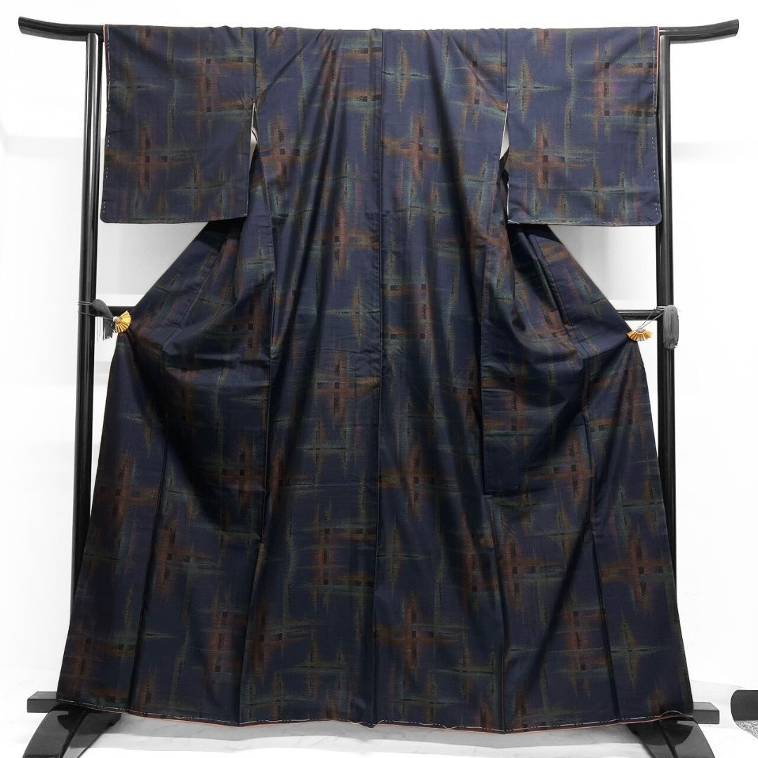 未着用 小紋 大島紬 藍染 格子模様 ぼかし 着物 123 b p ms