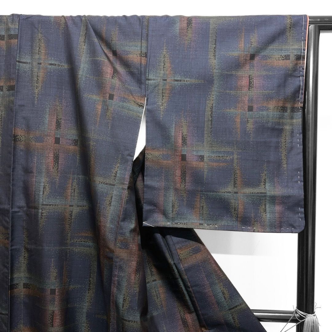  未着用 小紋 大島紬 藍染 格子模様 ぼかし 着物 123 b p ms 小紋 着物