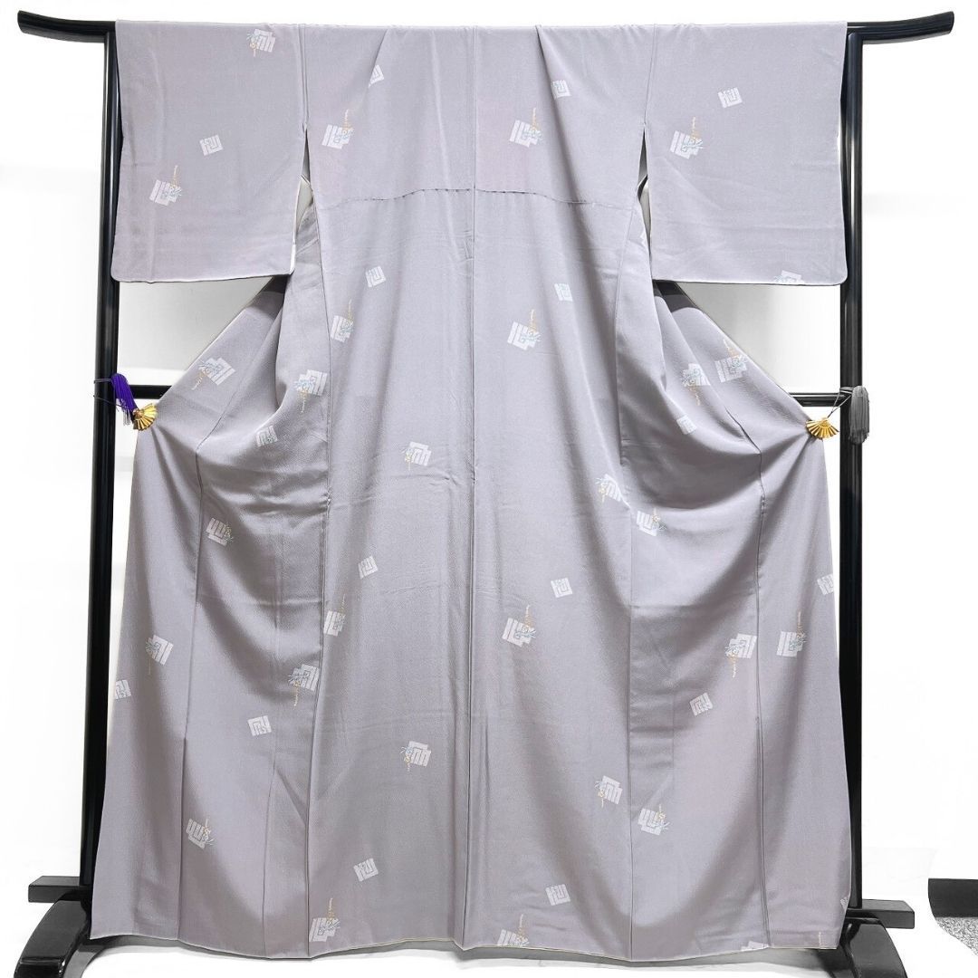 小紋 源氏香 藤の花 ライトグレー 花模様 着物 123 b p ms