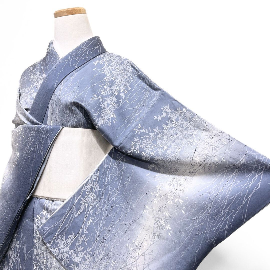 小紋 ぼかし リーフ模様 木々 くすみブルー 着物 123 b p ms
