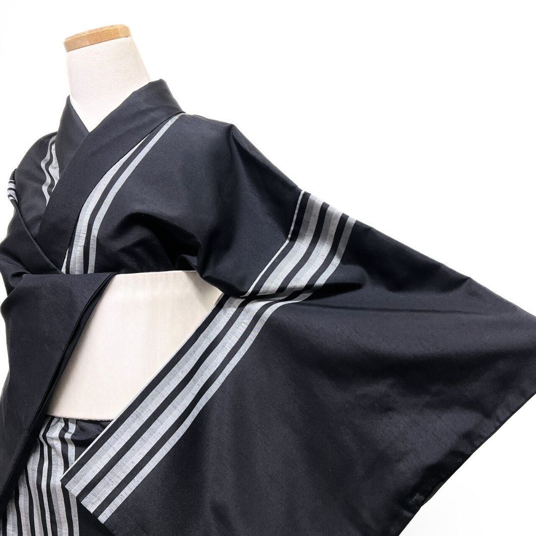 小紋 紬 縦縞 モノトーン 白黒 着物 123b p ms - メルカリ