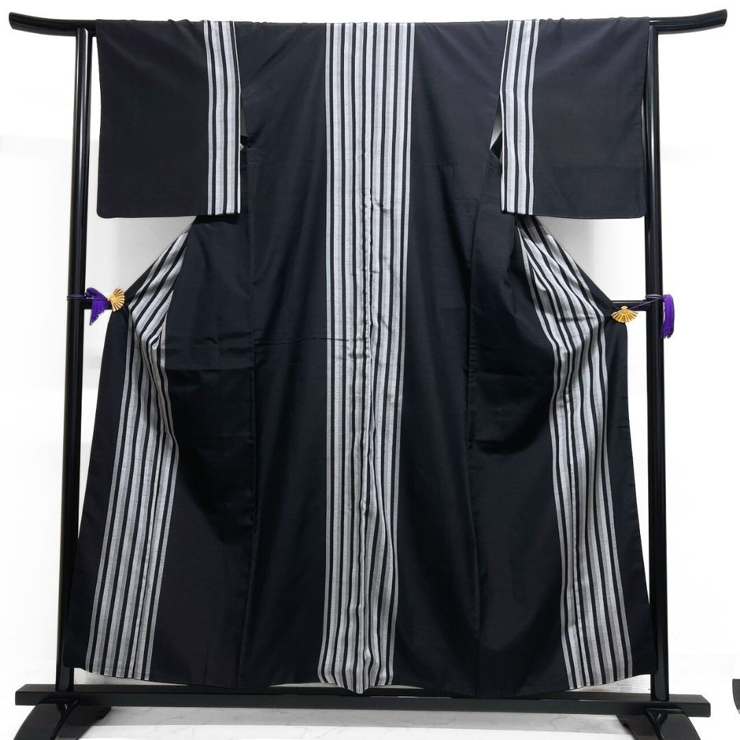 小紋 紬 縦縞 モノトーン 白黒 着物 123 b p ms