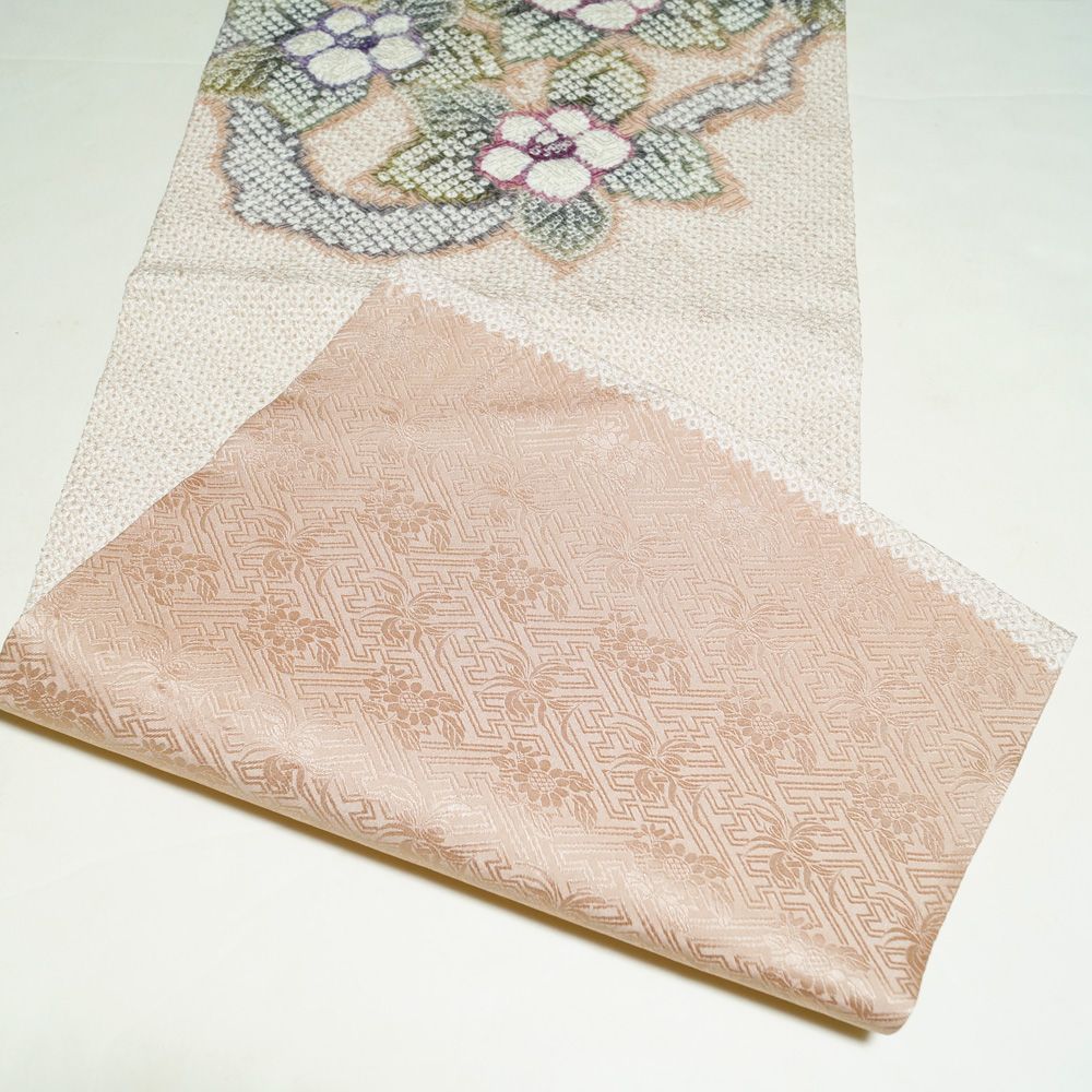 九寸名古屋帯 豆絞り 地紋 紗綾形 山 藤娘きぬたや オレンジベージュ MWR 九寸名古屋帯 豆絞り 地紋 紗綾形 山 藤娘きぬたや オレンジベージュ