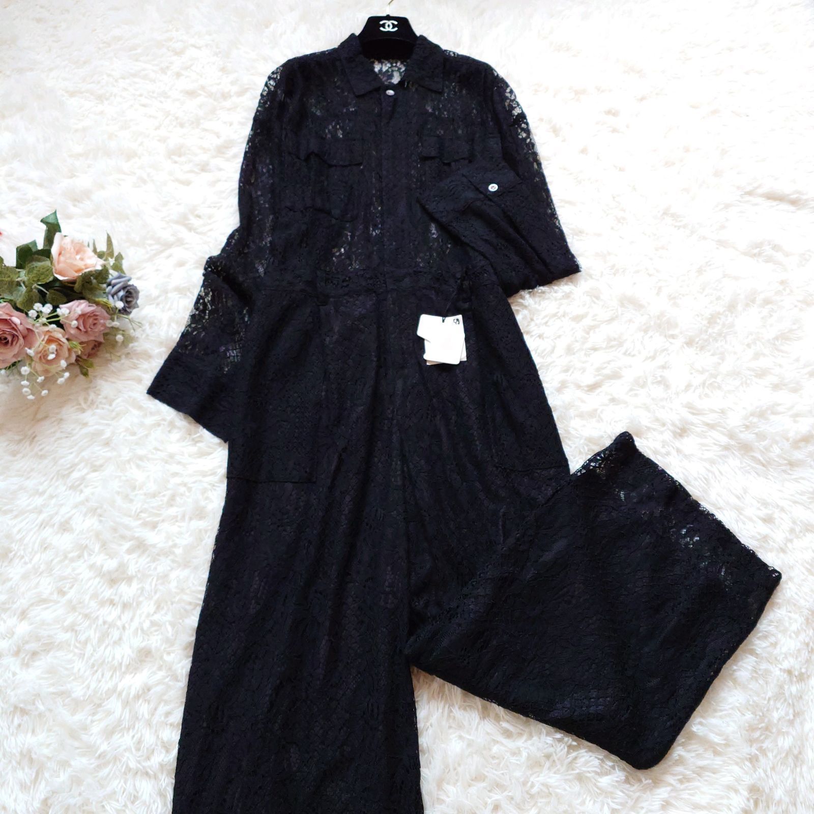 ナウンレス ルーズレースジャンプスーツ Loose Lace Jumpsuit オールインワン 総レース 長袖 ワイド 2 M 黒 セレモニー パーティー オケージョン デート