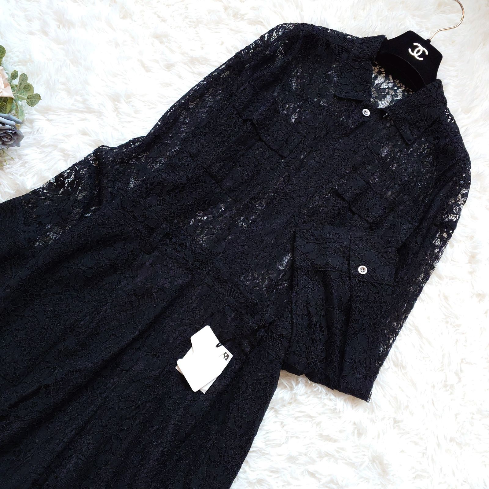 ナウンレス ルーズレースジャンプスーツ Loose Lace Jumpsuit オールインワン 総レース 長袖 ワイド 2 M 黒 セレモニー パーティー オケージョン デート