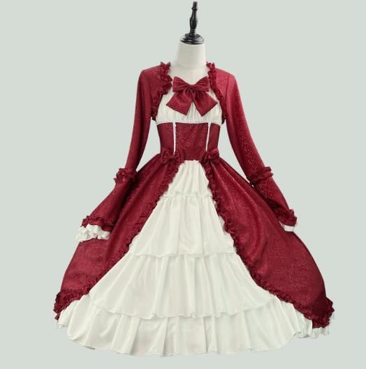 中世レトロゴシック宮廷ワンピース角襟ウエストパッチワークリボンドレススカートコスプレ衣装フルセット撮影用 舞台演