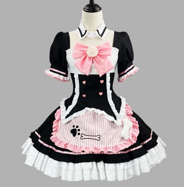 ロリータ 男娘コス猫爪蝶ネクタイ刺繍メイド服ロリータコスプレ衣装フルセット撮影用 舞台演出衣装仮面コスプレハ