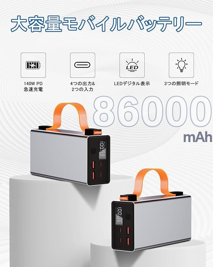 AHEHO 大容量 86000 mAhポータブル電源 140 W出力 318 Wh 30分で65％急速充電モバイルバッテリー ポータブルバッテリー 3モードライト付き デジタル残量表示 シルバー