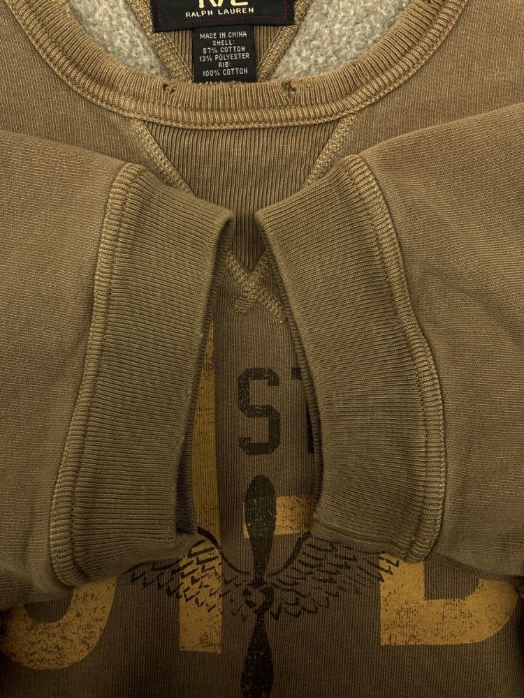 ダブルアールエル RRL S/S SWEATSHIRT 半袖 スウェットシャツ 31-B 両V 裏起毛 ダメージ加工 Ralph Lauren 茶 スウェット プリント ブラウン Sサイズ 104MT-2372