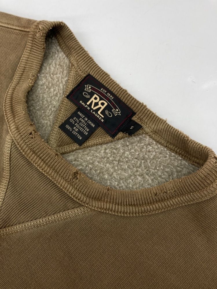 ダブルアールエル RRL S/S SWEATSHIRT 半袖 スウェットシャツ 31-B 両V 裏起毛 ダメージ加工 Ralph Lauren 茶 スウェット プリント ブラウン Sサイズ 104MT-2372