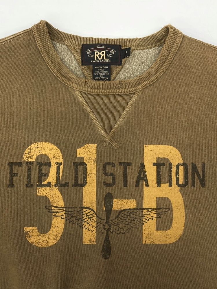 ダブルアールエル RRL S/S SWEATSHIRT 半袖 スウェットシャツ 31-B 両V 裏起毛 ダメージ加工 Ralph Lauren 茶 スウェット プリント ブラウン Sサイズ 104MT-2372