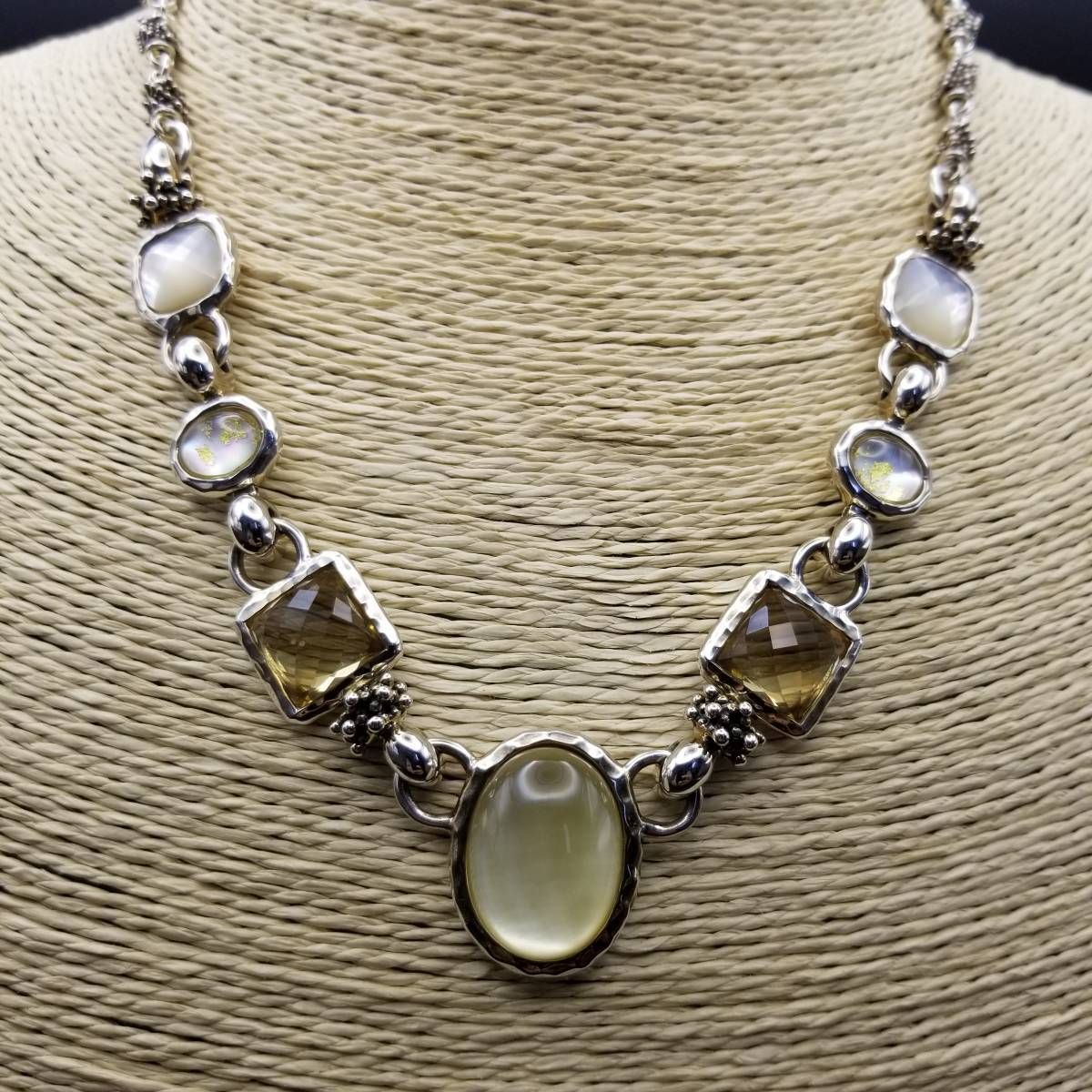 MICHAEL DAWKINS シトリン ダイヤ柄カット MOP 925 シルバー ヴィンテージ ネックレス キャビアビーズ 銀細工 デコラティブ Y 8-F