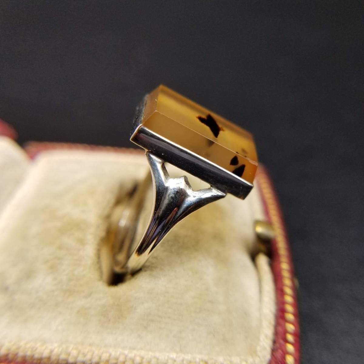  40 s頃 モスアゲート レクタングル K 10 ホワイトゴールド 米国 ヴィンテージ リング 金 アールデコ 指輪 クラシックジュエリー リング 指輪 アクセサリー