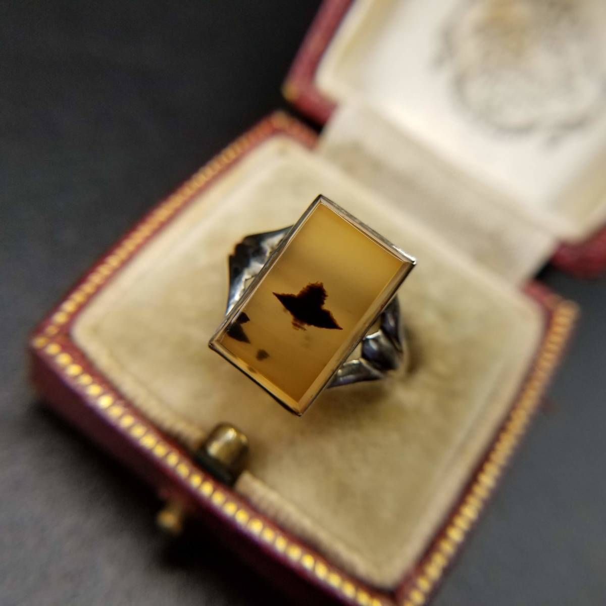 40 s頃 モスアゲート レクタングル K 10 ホワイトゴールド 米国 ヴィンテージ リング 金 アールデコ 指輪 クラシックジュエリー