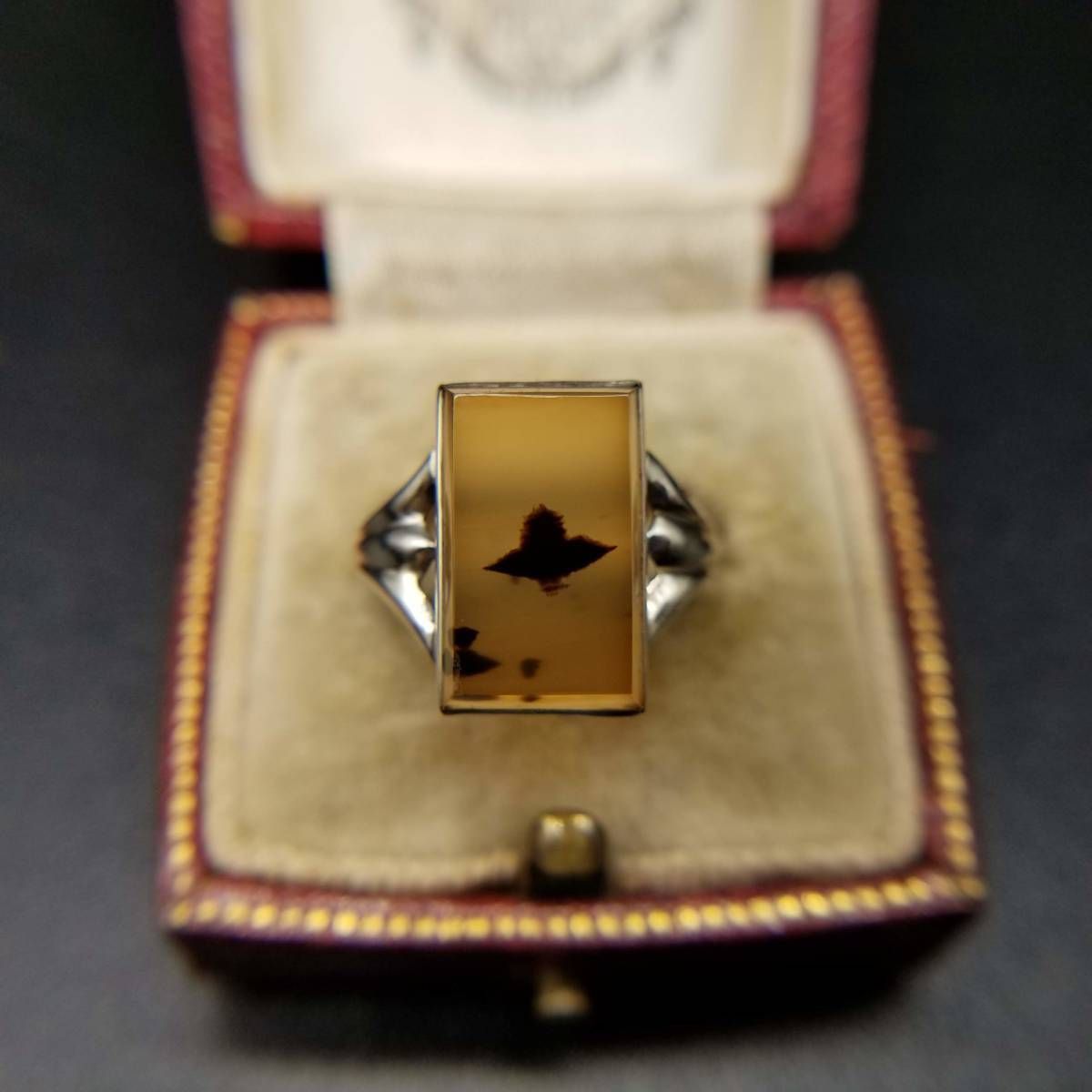 40 s頃 モスアゲート レクタングル K 10 ホワイトゴールド 米国 ヴィンテージ リング 金 アールデコ 指輪 クラシックジュエリー