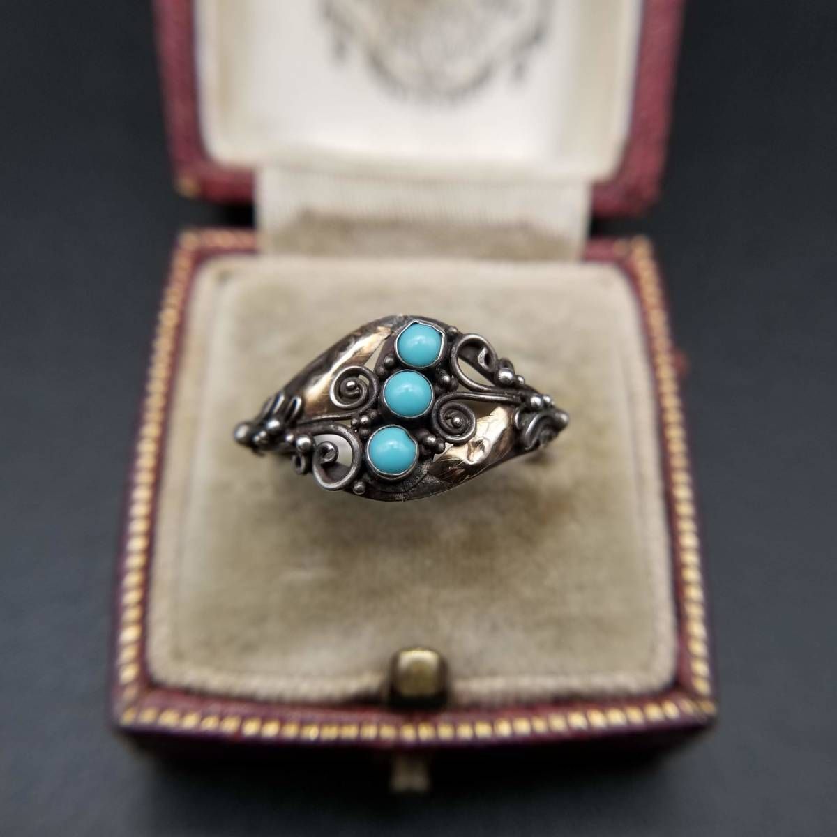米国 アンティーク ヴィクトリアン K 22 ローズゴールド 925 シルバー ターコイズ リング 金 銀 指輪 フローラル 植物彫金