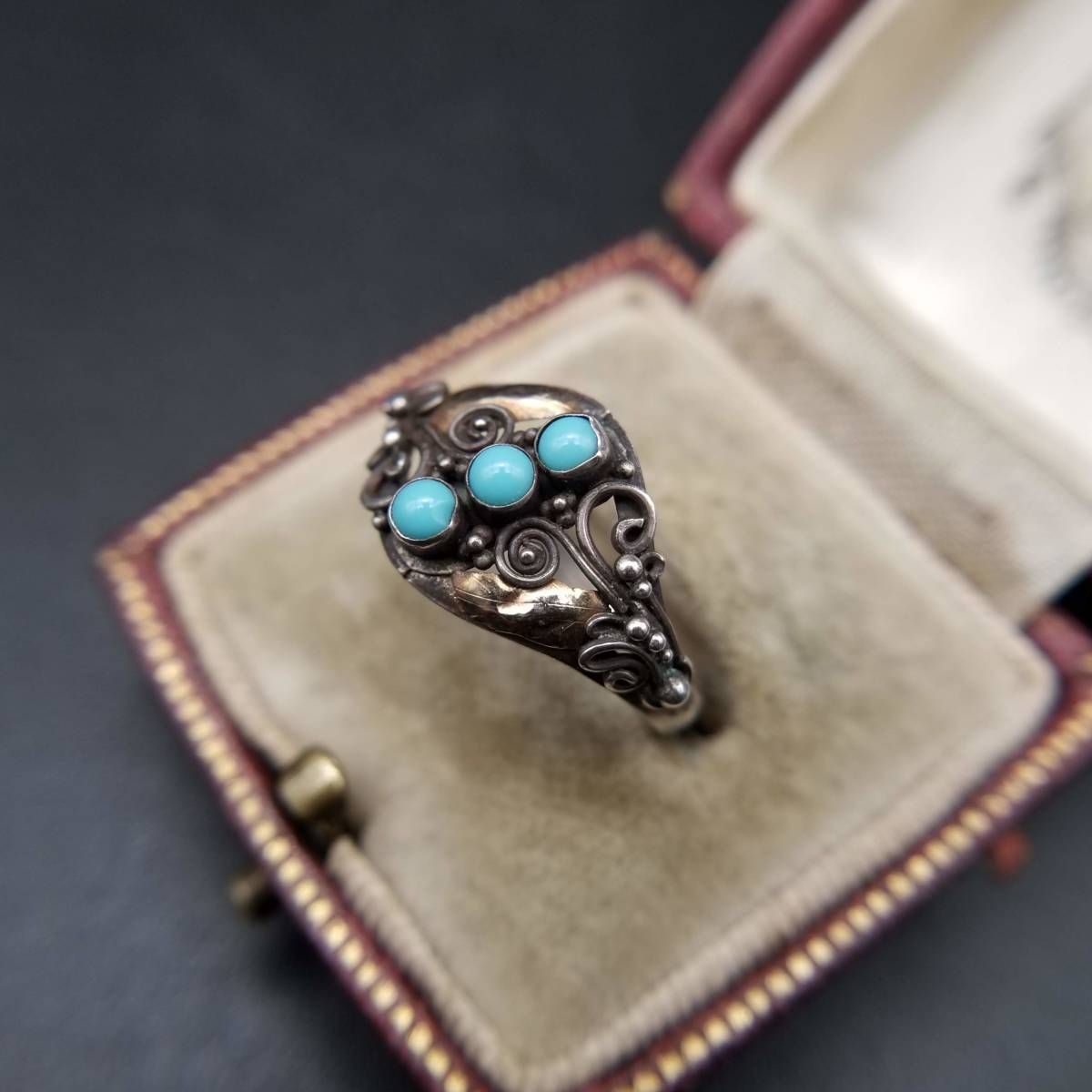 米国 アンティーク ヴィクトリアン K 22 ローズゴールド 925 シルバー ターコイズ リング 金 銀 指輪 フローラル 植物彫金
