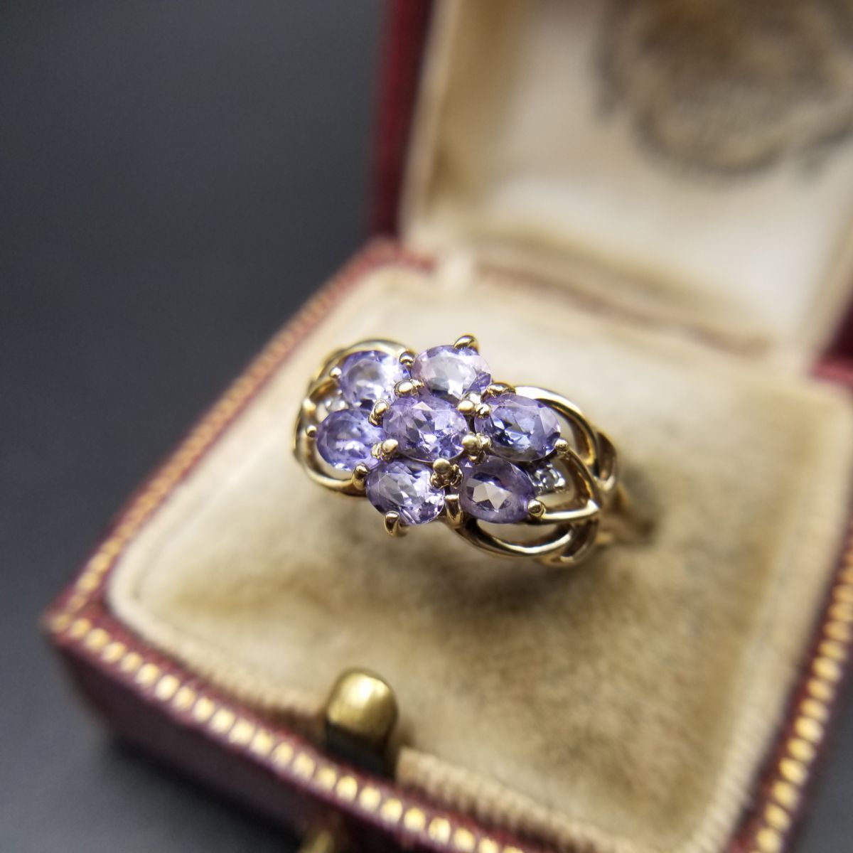 タンザナイト フローラル K 10 イエローゴールド ヴィンテージ フラワー リング 金 指輪 上品 エレガント