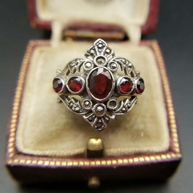 30 s頃 ヴィクトリアン ガーネット マーカサイト装飾 925 シルバー ヴィンテージ リング 銀指輪 クラシカル エレガント 存在感