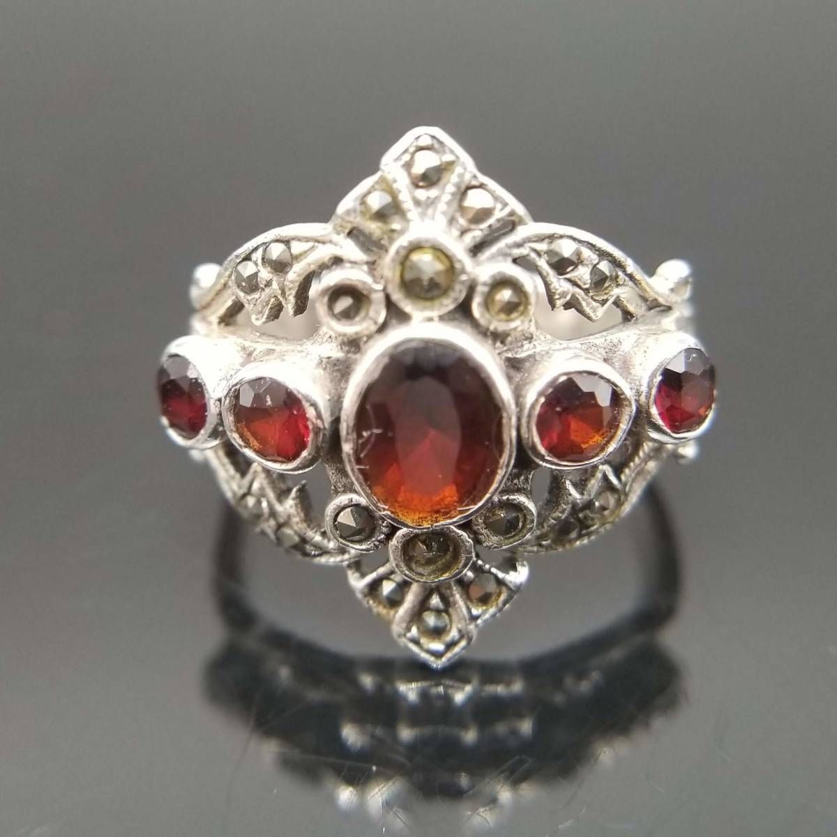 30 s頃 ヴィクトリアン ガーネット マーカサイト装飾 925 シルバー ヴィンテージ リング 銀指輪 クラシカル エレガント 存在感
