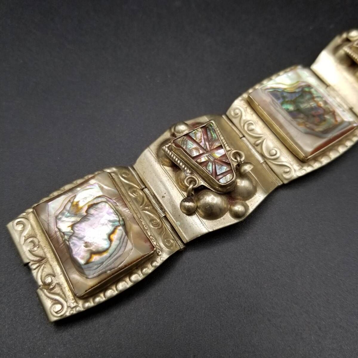 1940年代 AR メキシコ 925 シルバー アバロンシェル インレイ ヴィンテージ ブレスレット トライバル 存在感 銀細工 Y 14-F