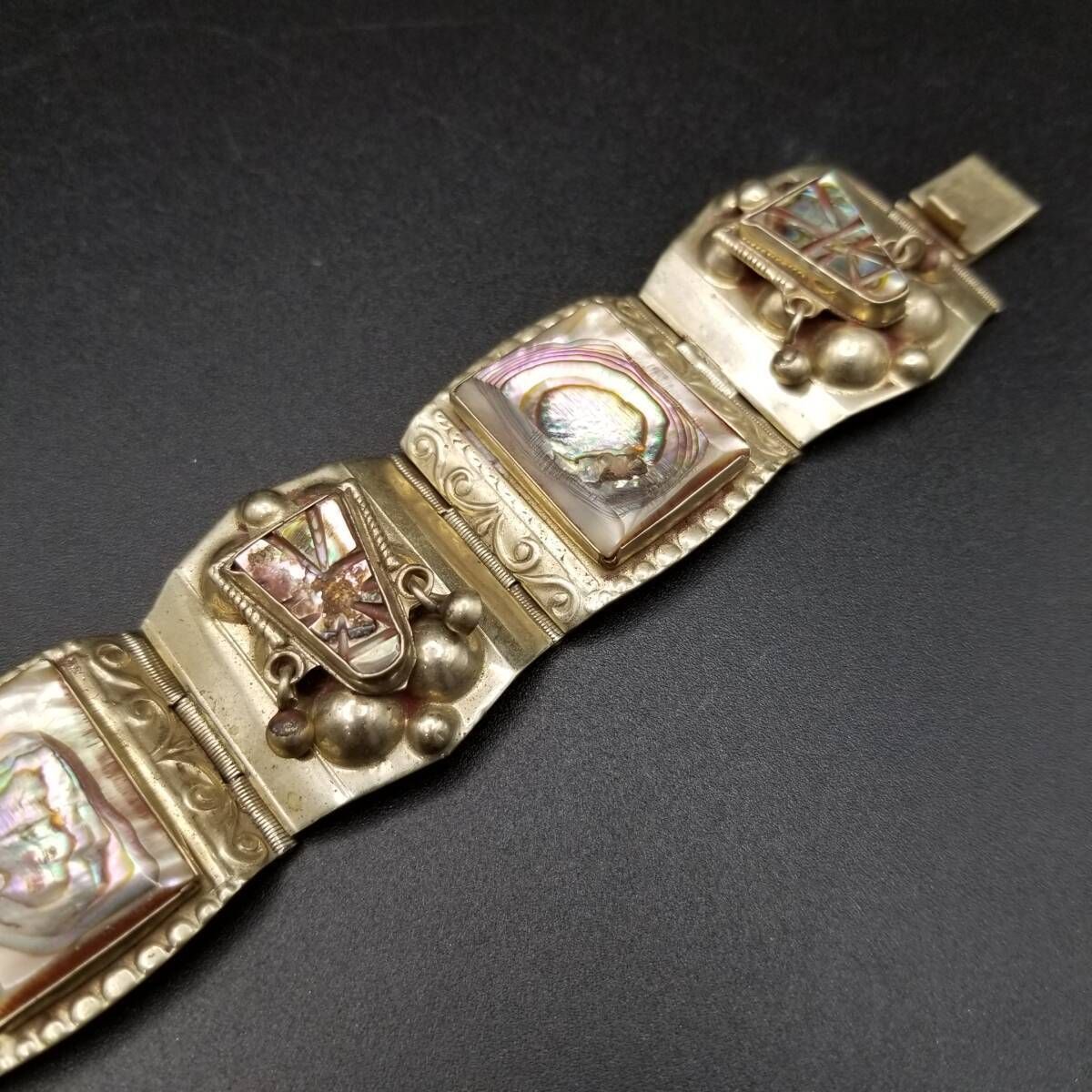 1940年代 AR メキシコ 925 シルバー アバロンシェル インレイ ヴィンテージ ブレスレット トライバル 存在感 銀細工 Y 14 F