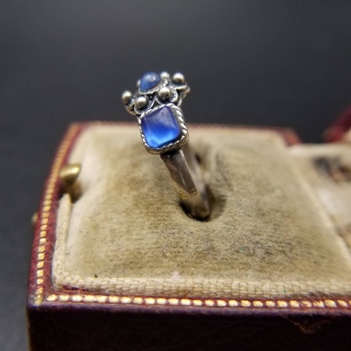 ヨーロッパ ヴィンテージ ロイヤルブルー ガラス フラワーデザイン 800 シルバー リング 銀 指輪 クラシカル CLASSIC 青石 10 Y-I