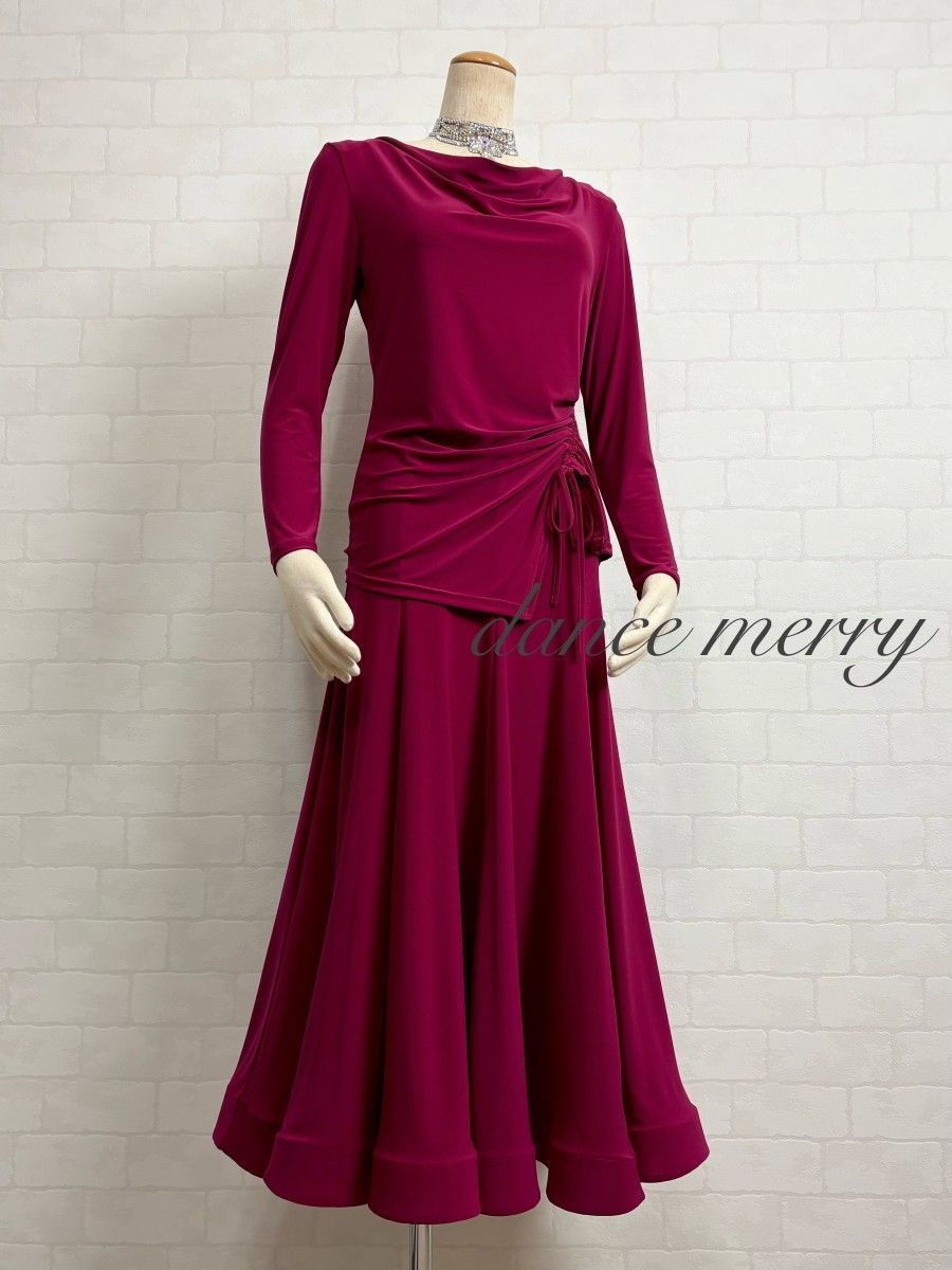 Lサイズ 社交ダンス ツーピース 濃 ピンク セットアップ パーティ 長袖 1115