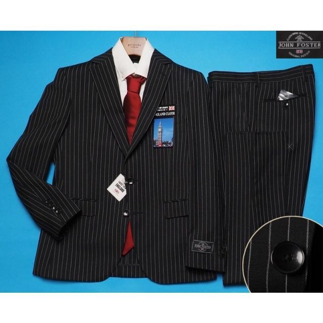 新品8.6万円 大手百貨店扱い 春秋『ジョンフォスター 英国製生地』 ウール100% ストライプ スーツAB4黒(A) 1500091