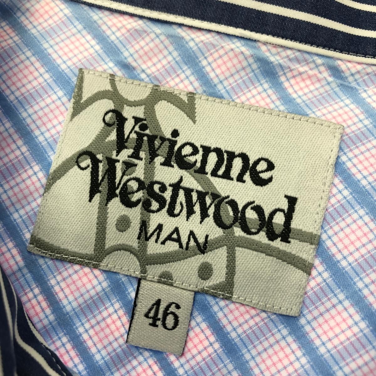 ヴィヴィアンウエストウッド チェックシャツ カラーオーブ刺繍 ブルー Sサイズ ヴィヴィアンウエストウッド チェックシャツ カラーオーブ刺繍 ブルー