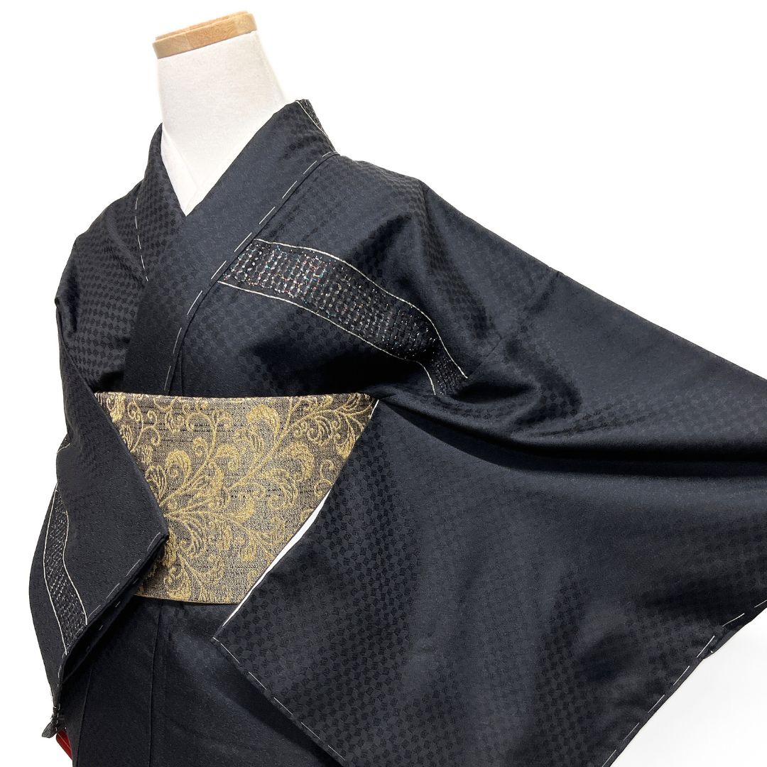 未着用 付け下げ スワトウ刺繍 錦糸 変わり市松 紋無 着物 123 b d ms