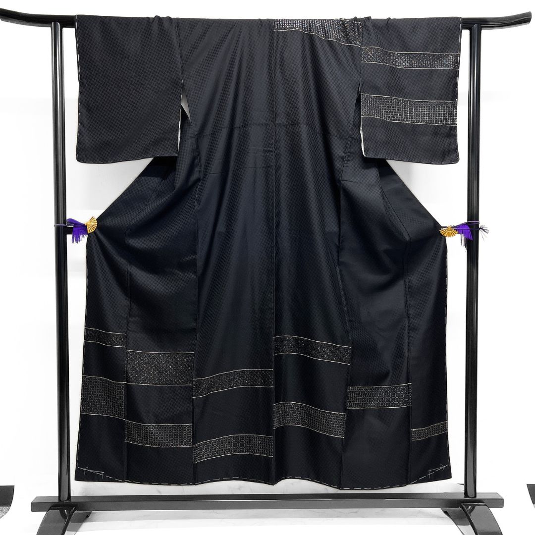 未着用 付け下げ スワトウ刺繍 錦糸 変わり市松 紋無 着物 123 b d ms