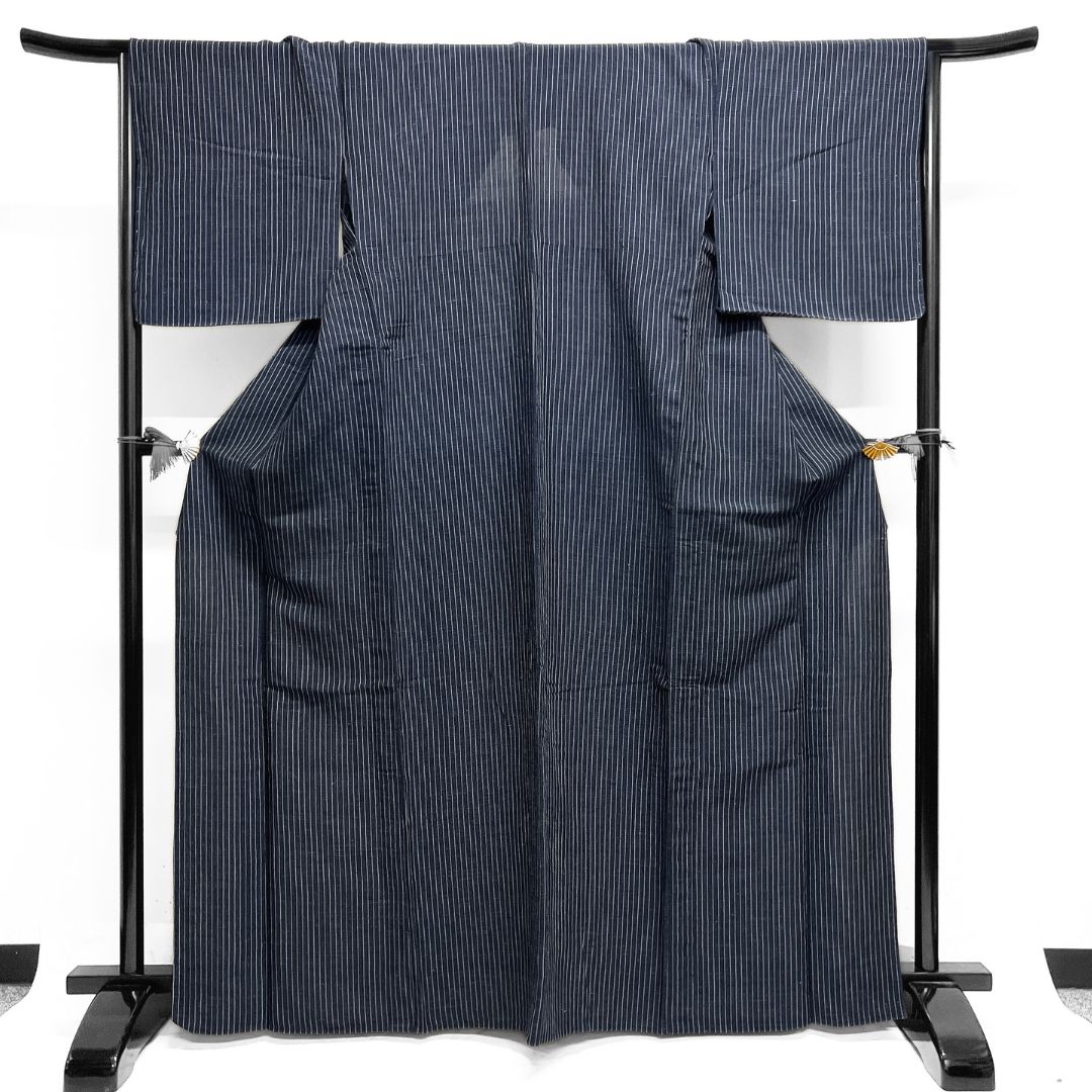 未着用 小紋 紬 単衣 バンブーリネン 縦縞 ネイビー 着物 123 b d ms