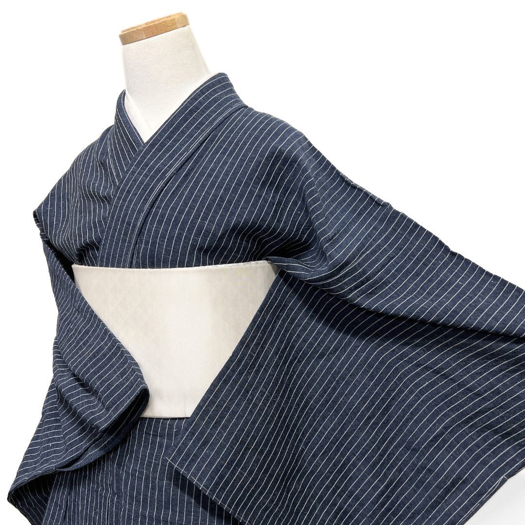 未着用　小紋　紬　単衣　バンブーリネン　縦縞　ネイビー　着物　123b d ms 未着用 小紋 紬 単衣 バンブーリネン 縦縞 ネイビー 着物 123b d ms