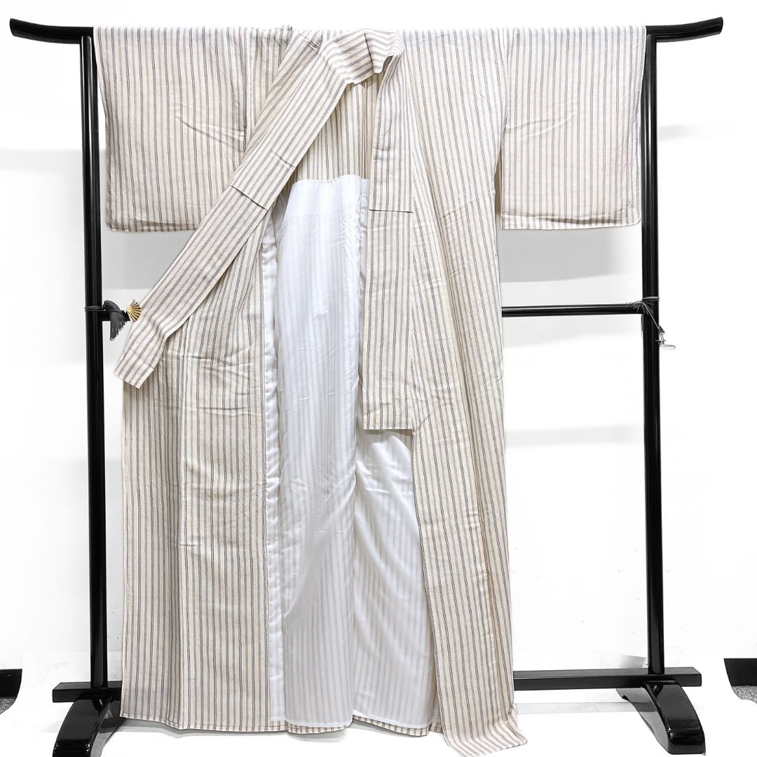 小紋 紬 単衣 バンブーリネン 縦縞 アイボリー 着物 123 b d ms