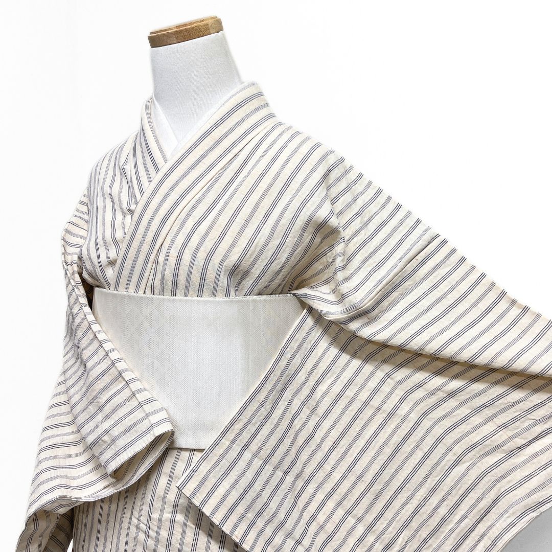 小紋 紬 単衣 バンブーリネン 縦縞 アイボリー 着物 123 b d ms