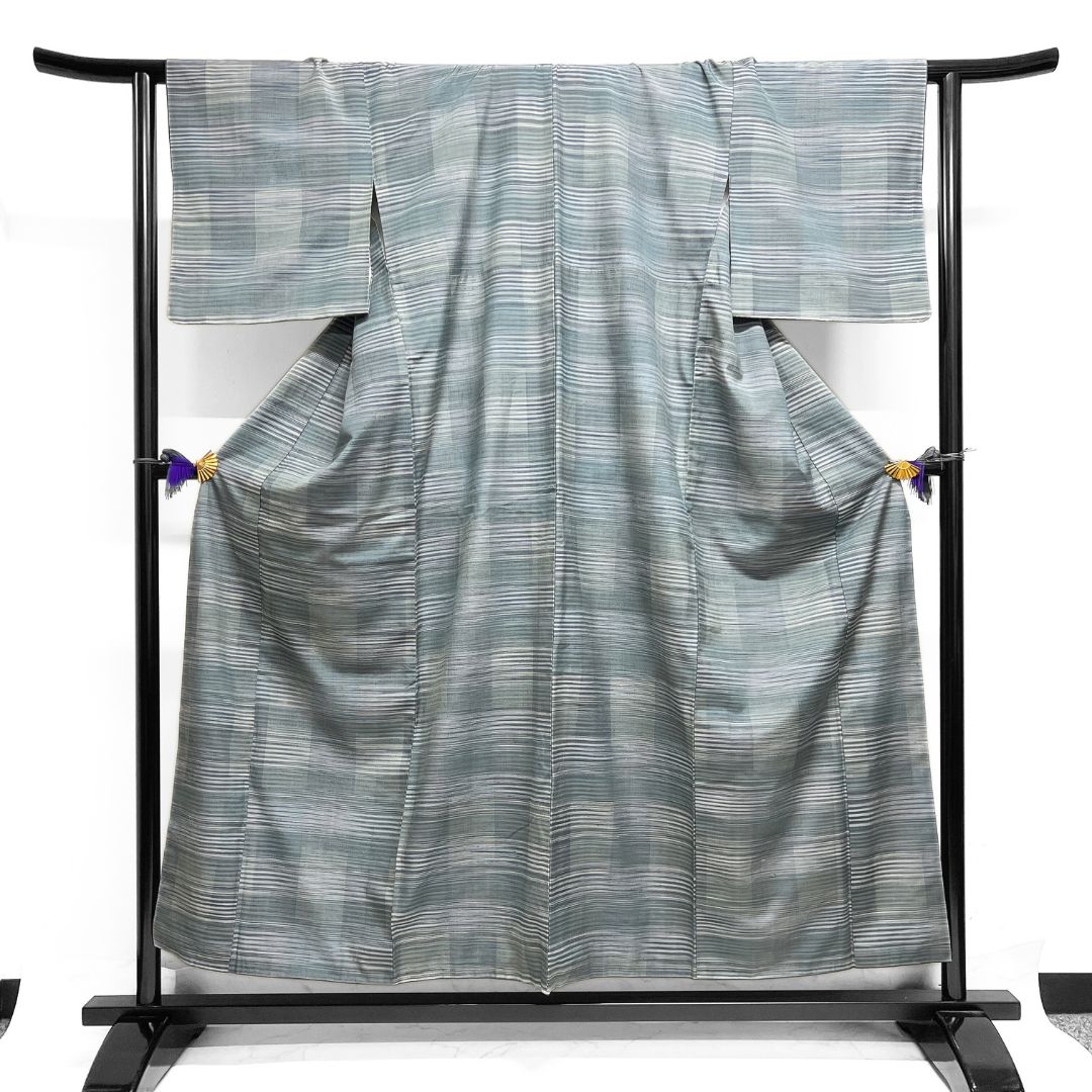 小紋 紬 縦縞 変わり市松 くすみ 着物 123 b d ms