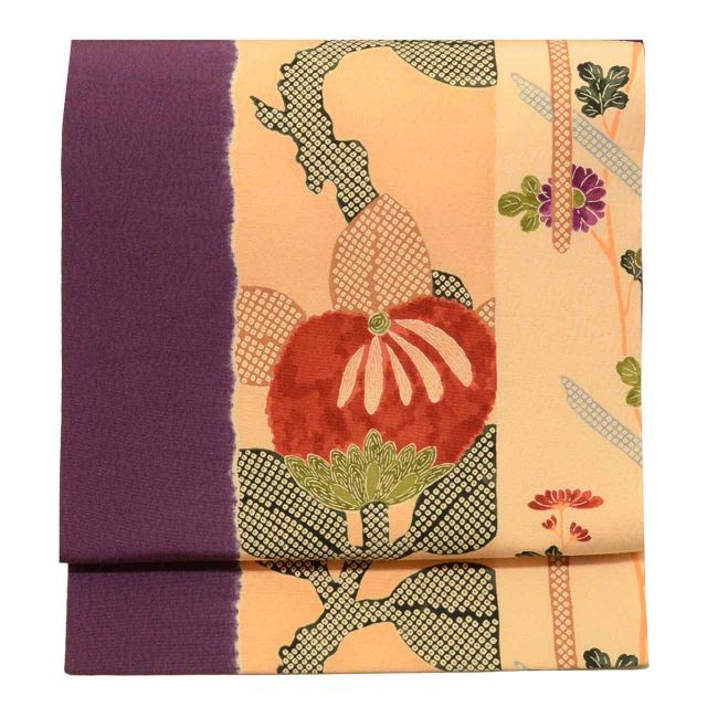 リサイクル 名古屋帯 帯 正絹 絹 京袋帯 染め帯 パールトーン加工済 紫 橘 特品 カジュアル 全通柄 帯芯あり 着物 SILK シルク kimono リユース uu 2266 b