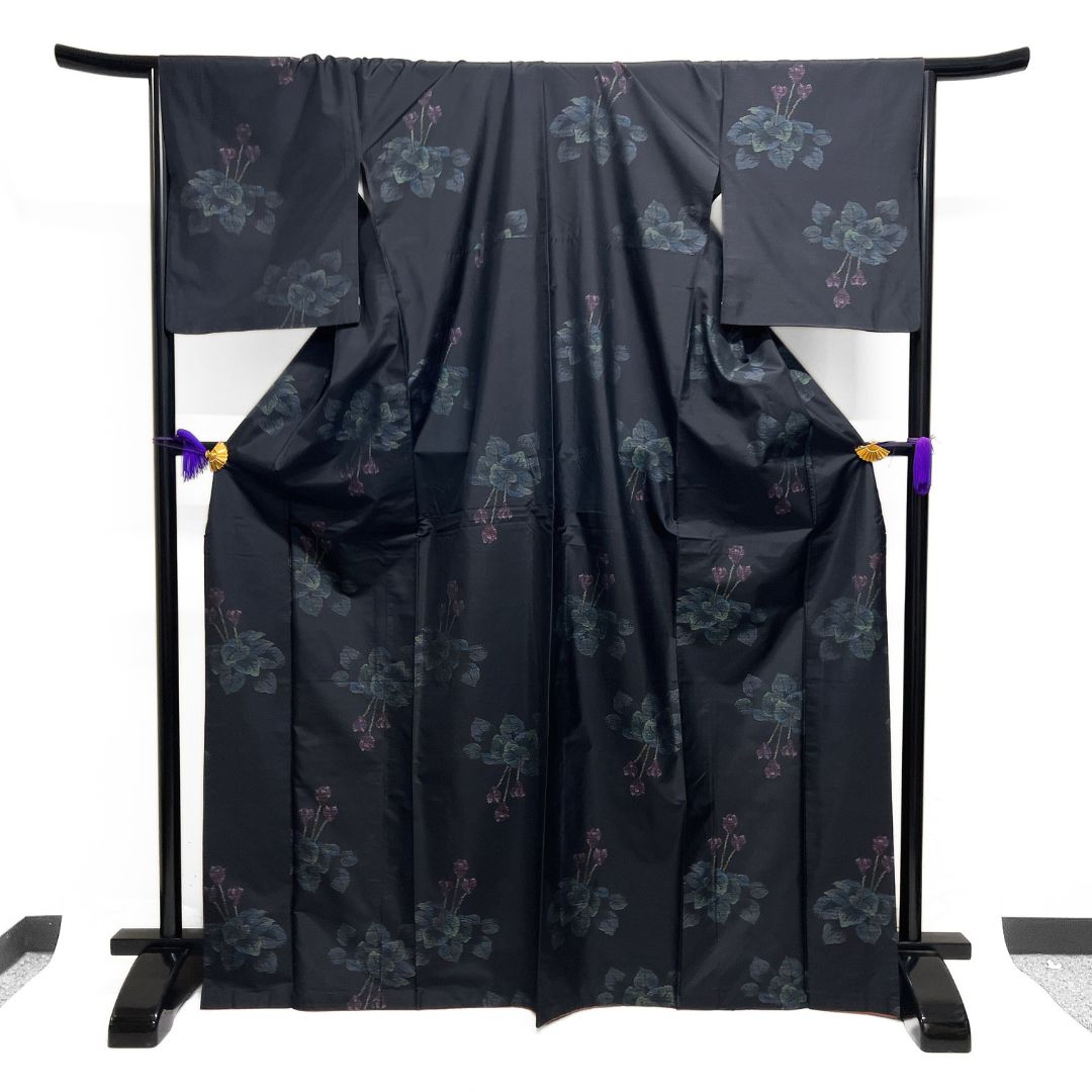 小紋 大島紬 地空き 花模様 リーフ 泥染 着物 123 b d ms