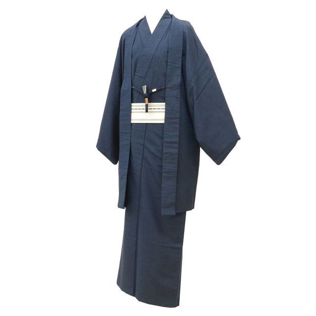 リサイクル着物 羽織 セット アンサンブル 男性 紬 正絹 裄68.7 cm 身丈147 L 紺色系 角帯 羽織紐付き メンズ uu 2264 b