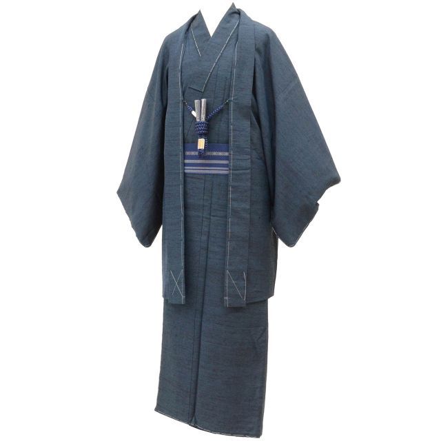 リサイクル着物 羽織 セット アンサンブル 男性 玉糸紬 正絹 裄67.5 cm 身丈138 M 紺色系 長襦袢 角帯 羽織紐付き 証紙あり メンズ uu 2261 b