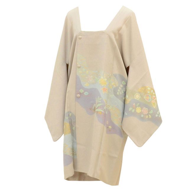 道行コート リサイクル着物 正絹 絹 金彩 身丈97 cm 裄丈65 グレー 草花 ロング丈 SILK シルク リユース uu 2248 b