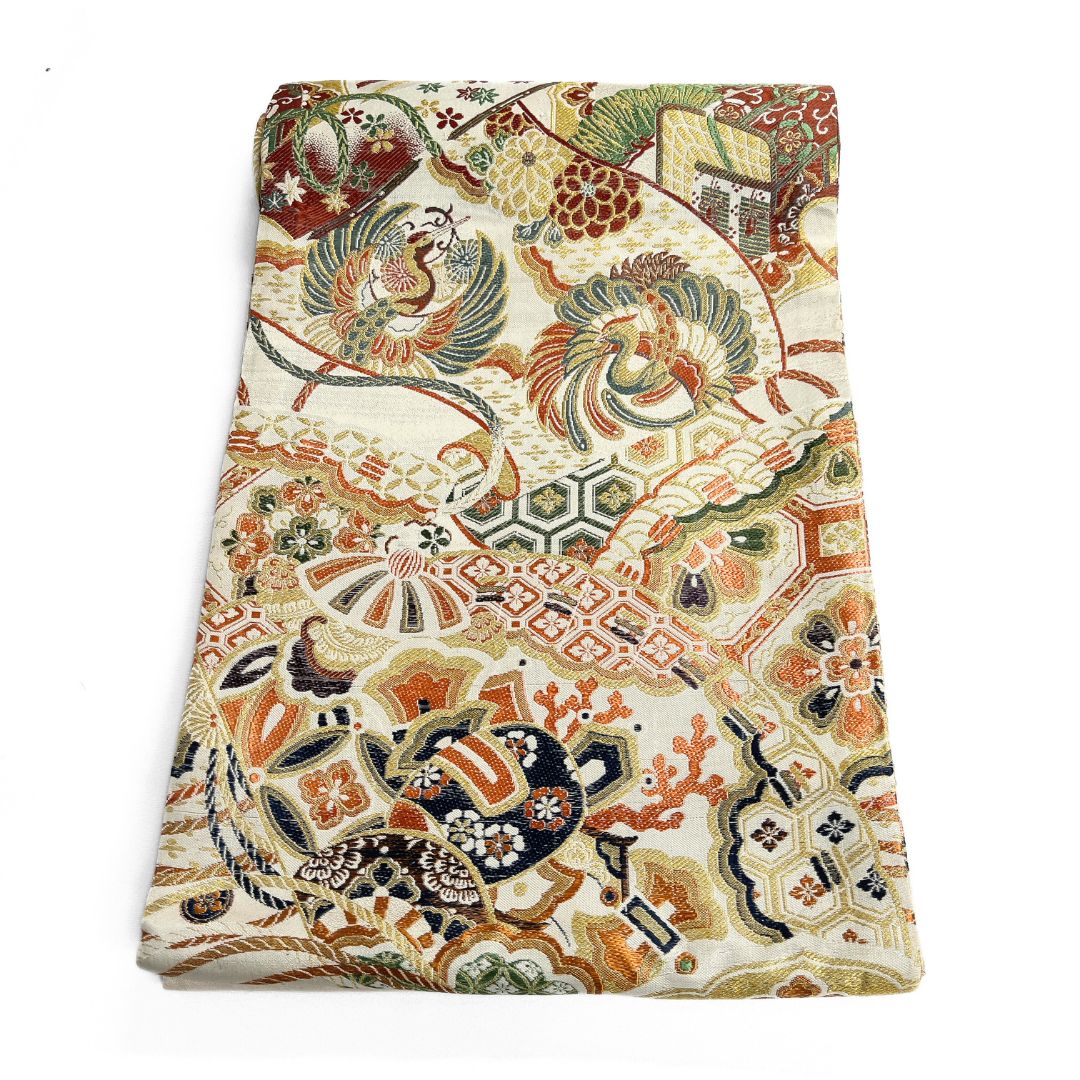 丸帯 鳳凰 御所車 珊瑚 打ち出の小槌 着物 123 b d ms