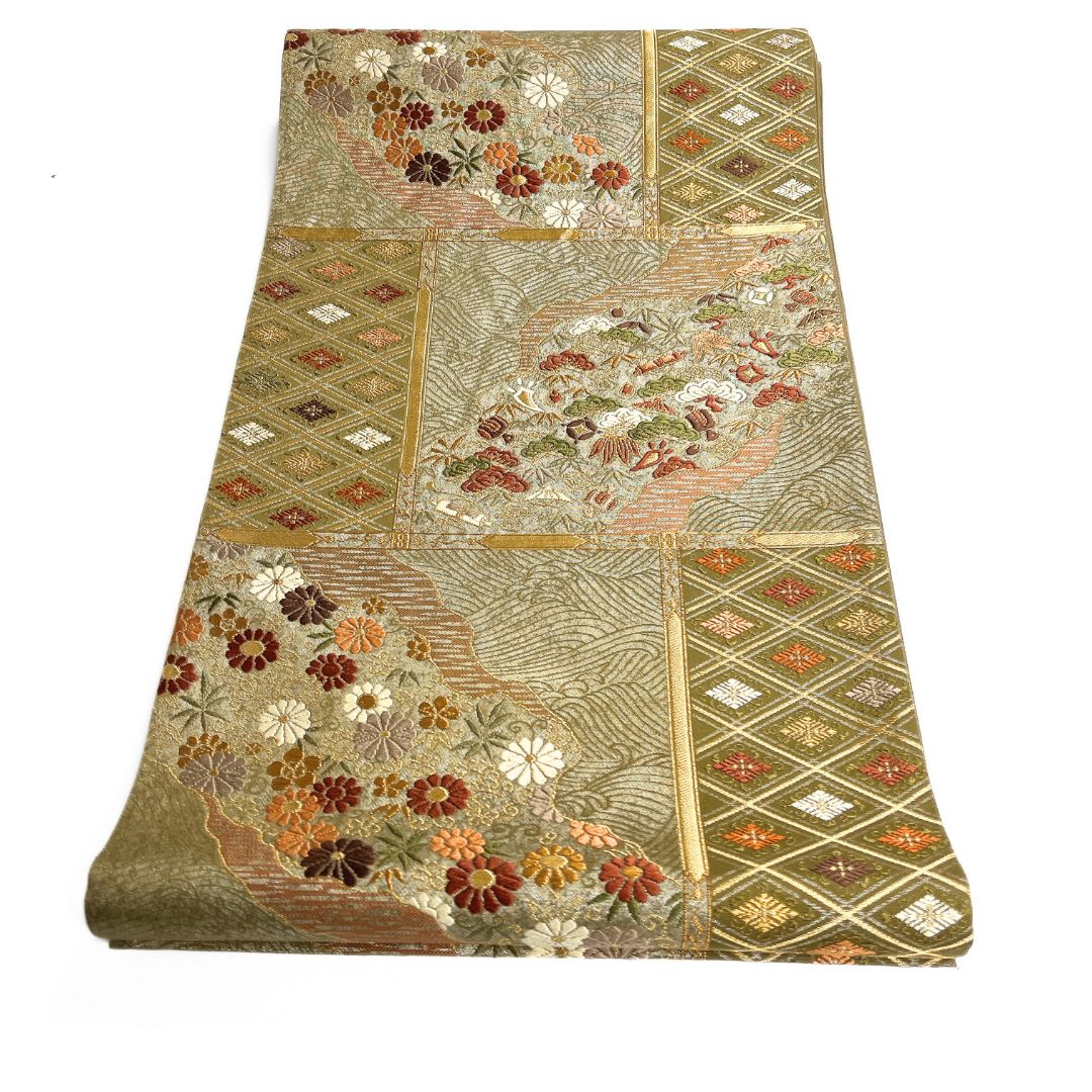 袋帯 道長取り 宝尽くし 菊花 松菱 格子 着物 123 b d ms