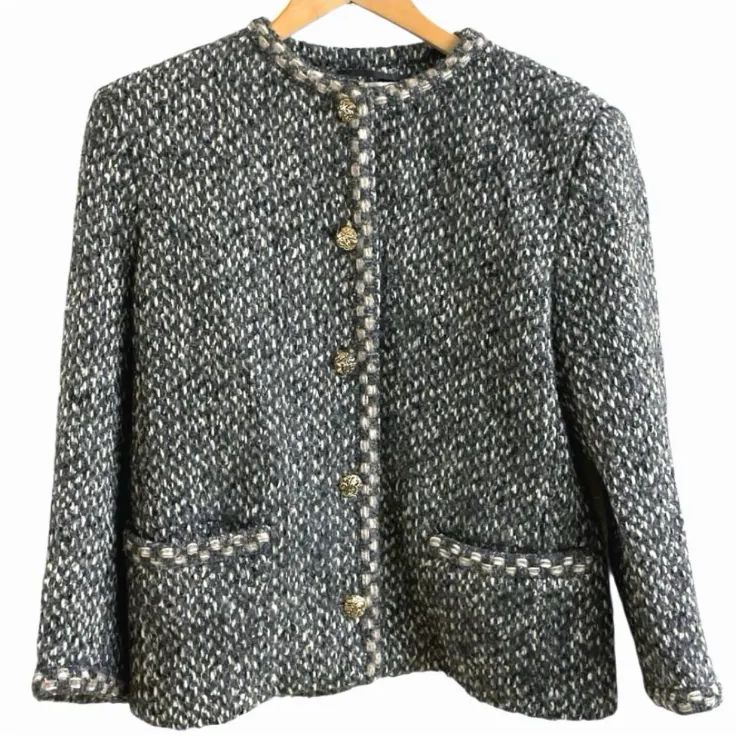 【新品】アニオナ ツイード テーラードジャケット 42 グリーン系 イタリア製 Eternal Line 2024】ミックスツイードノーカラー