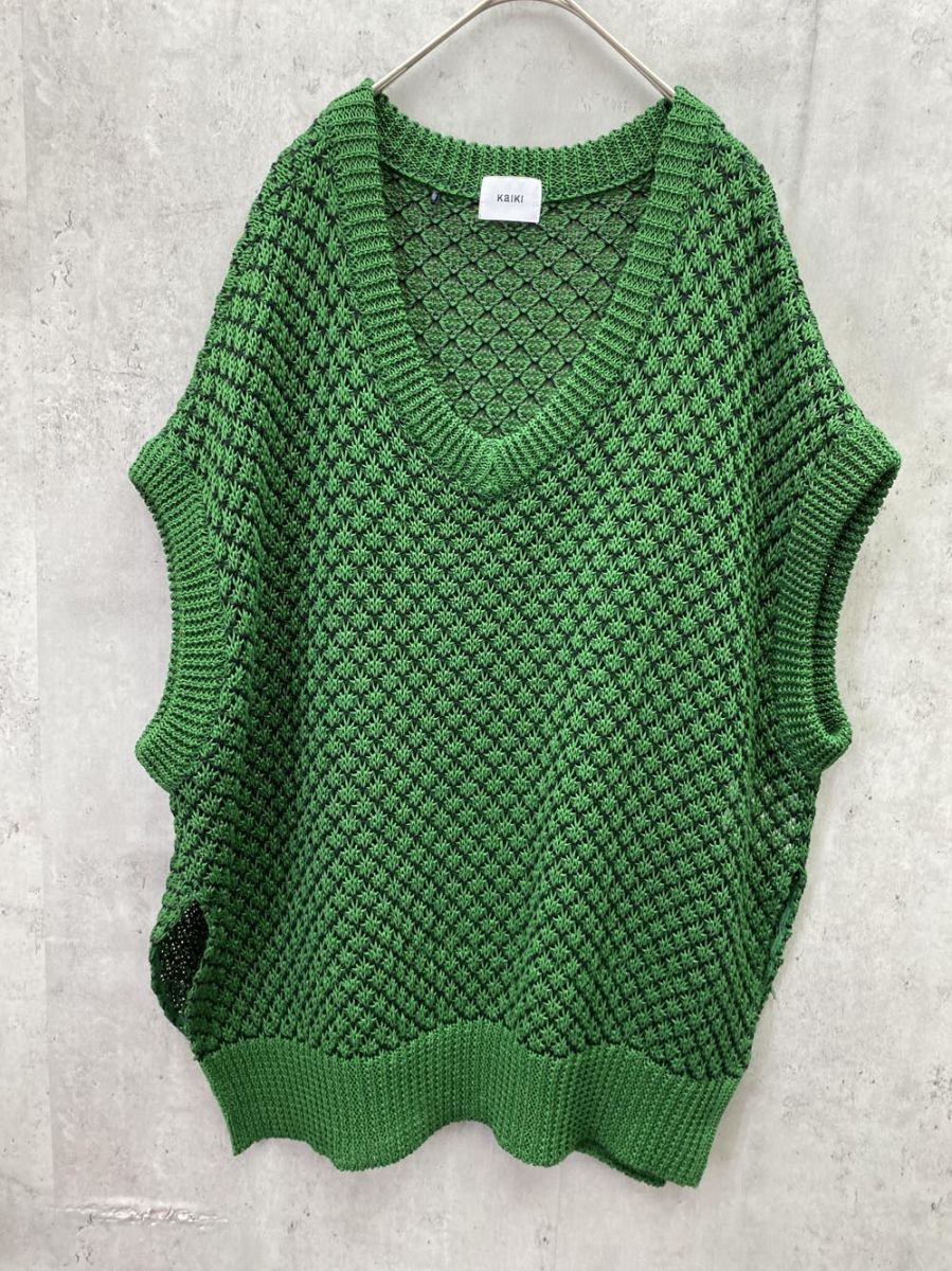 KAIKI カイキ ニット ベスト 黒ｘ緑 レディース