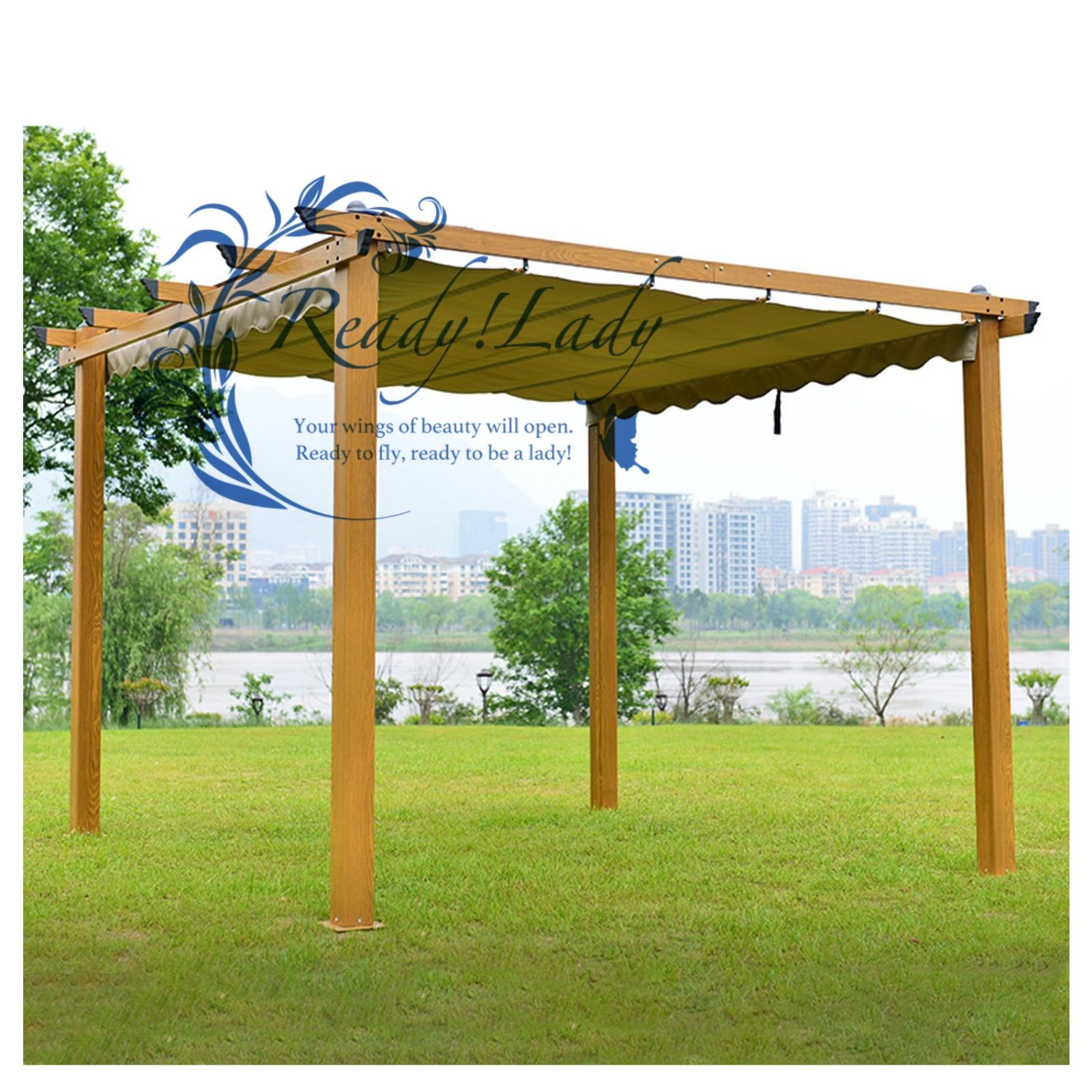 パーゴラ シェード アルミニウム 日除け サンシェード 屋外 ガゼボ アウトドア 格納式キャノピー付き 防水性 耐腐食性 簡単設置 ガレージテント エクステリア 庭 デッキ 裏庭用 ガーデン 木目調 カーキのターポリン 3 X 4 2.4 M